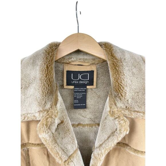 UD Utex Vegan Tan Faux Suede Leather Fur Coat Hooded Shawl Collar Womens Large - Picture 4 of 8